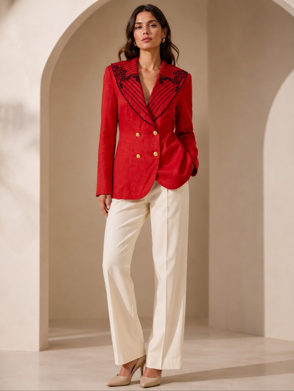 PREMIERE 100% Linen Vintage Red Black Double-Breasted Embroided 80s Blazer Sz 10
